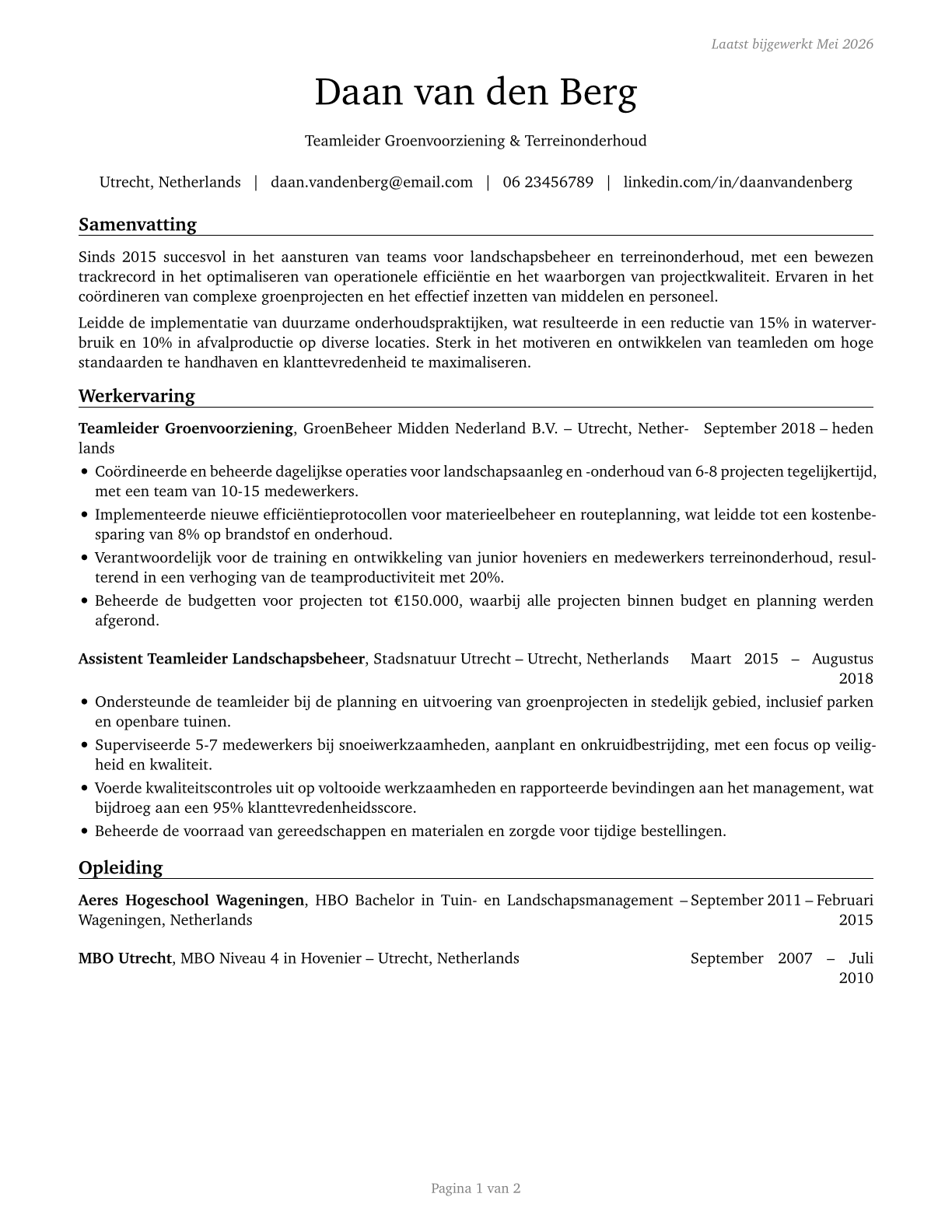 First-Line Supervisors of Landscaping, Lawn Service, and Groundskeeping Workers CV in Dutch — page 1