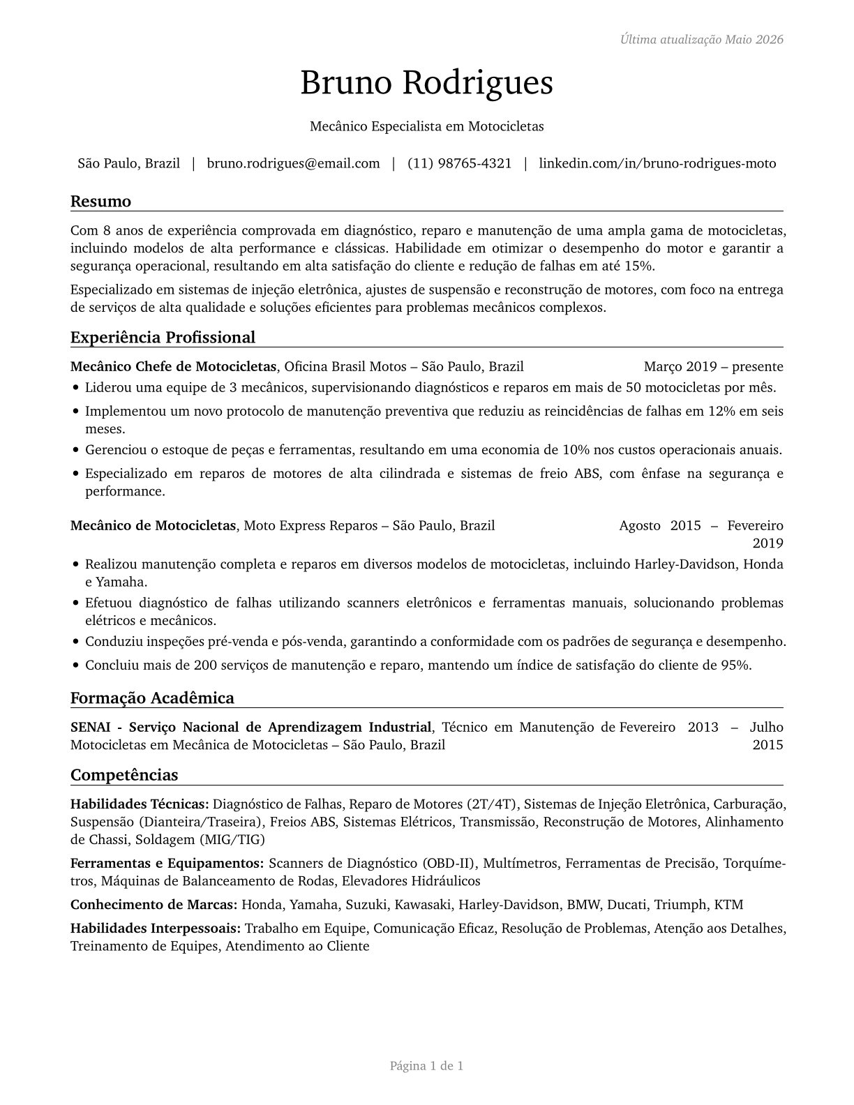 Motorcycle Mechanics CV in Portuguese — page 1