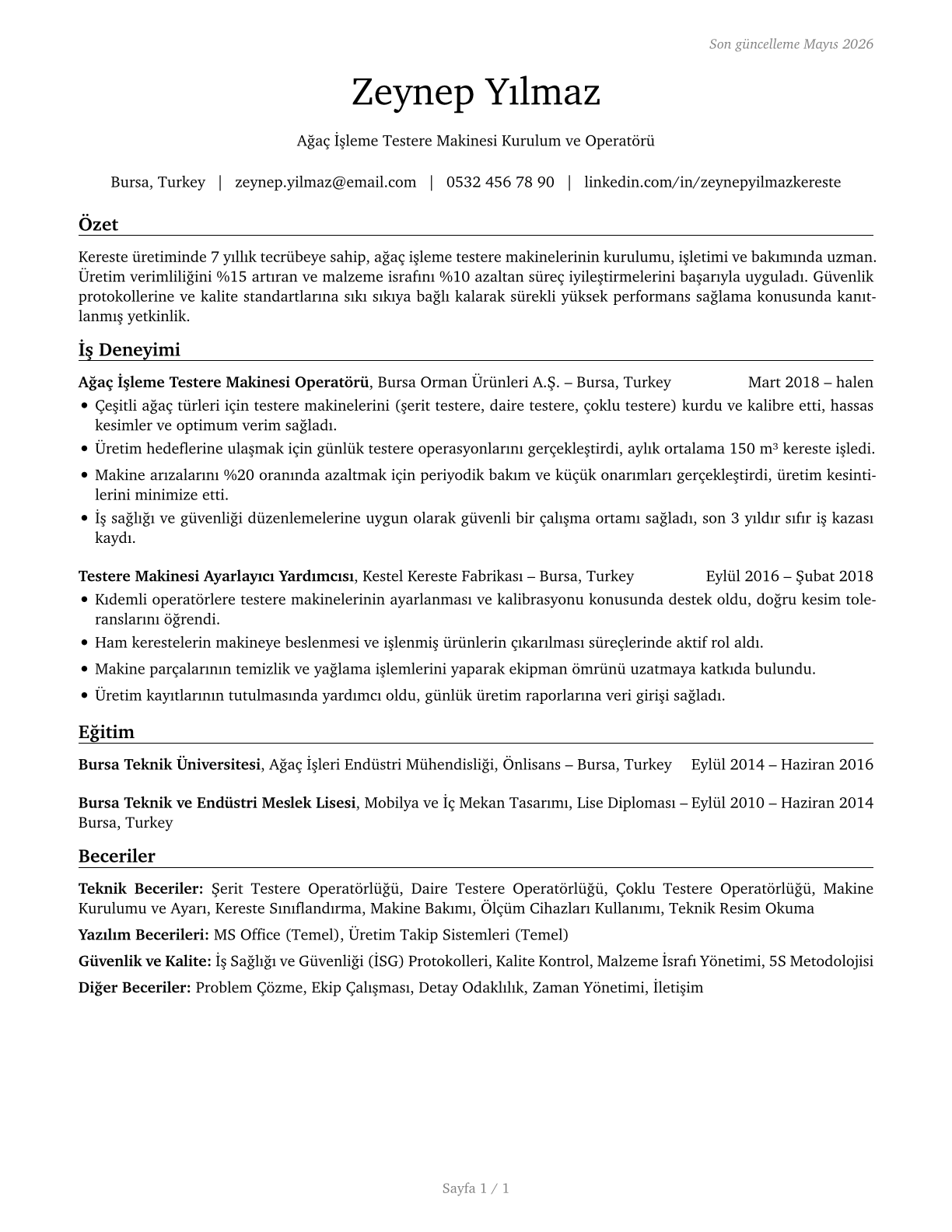 Sawing Machine Setters, Operators, and Tenders, Wood CV in Turkish — page 1