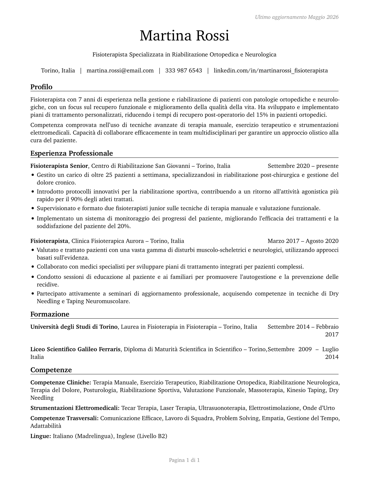 Physical Therapists CV in Italian — page 1