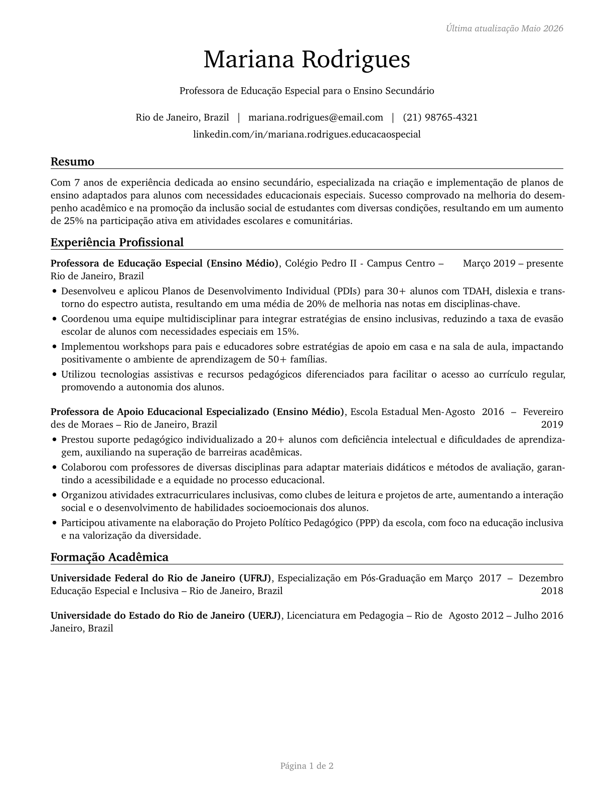 Special Education Teachers, Secondary School CV in Portuguese — page 1