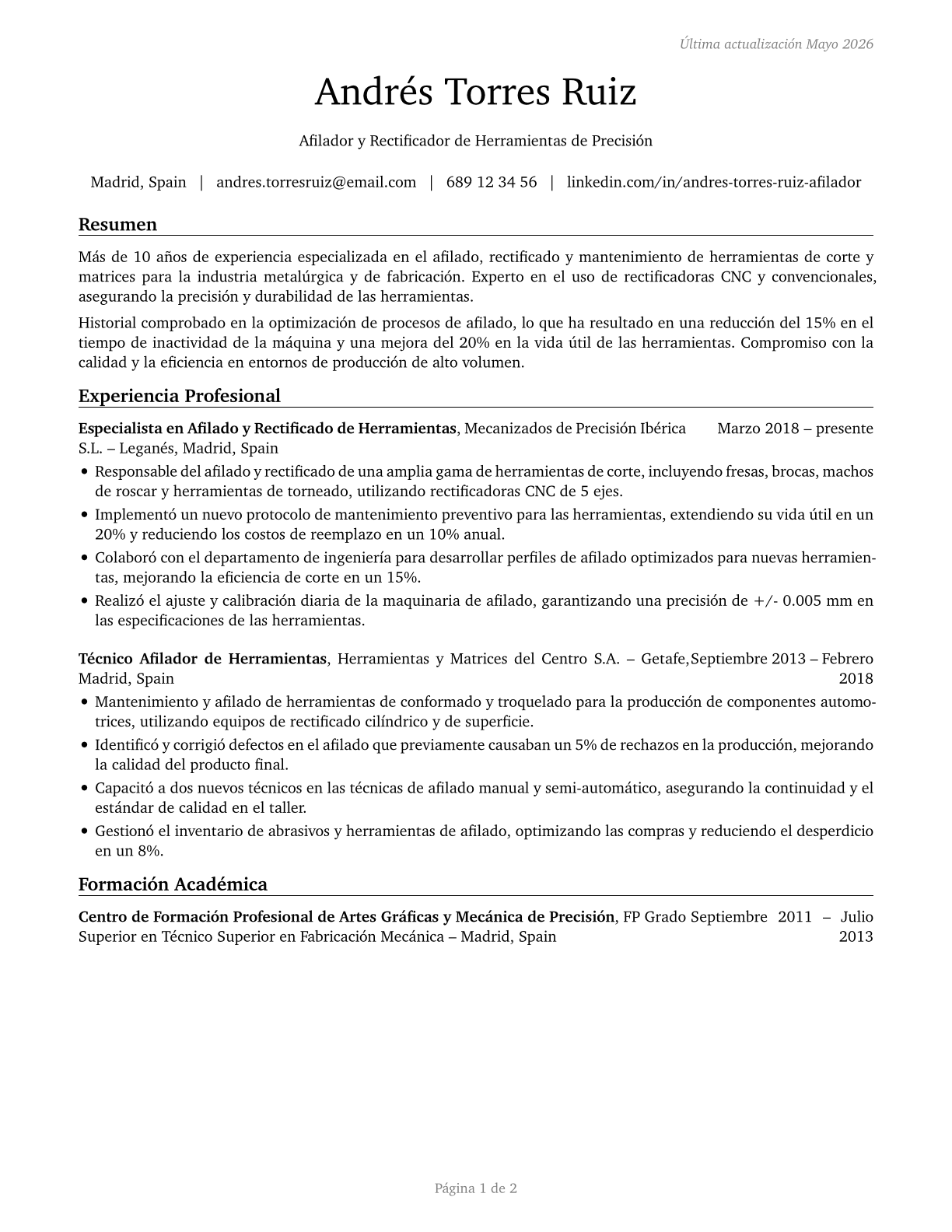 Tool Grinders, Filers, and Sharpeners CV in Spanish — page 1