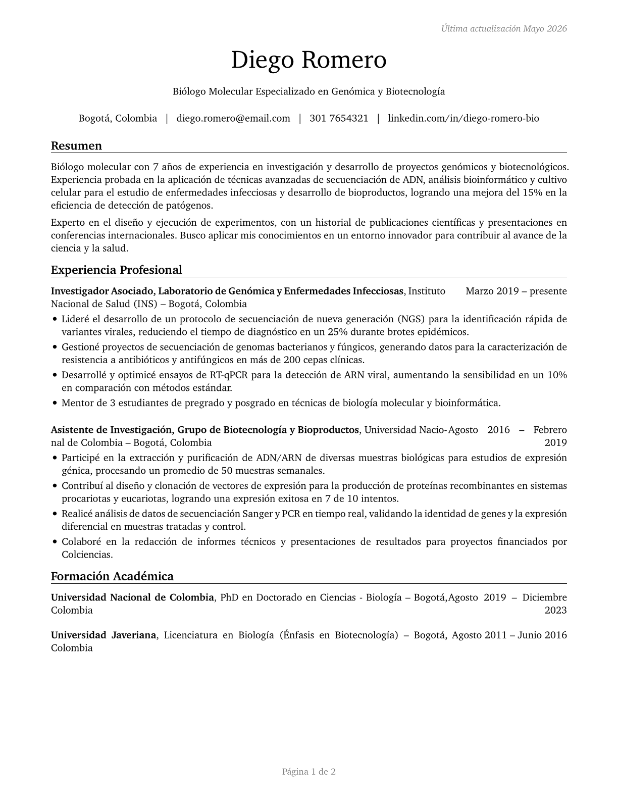 Biologists CV in Spanish — page 1