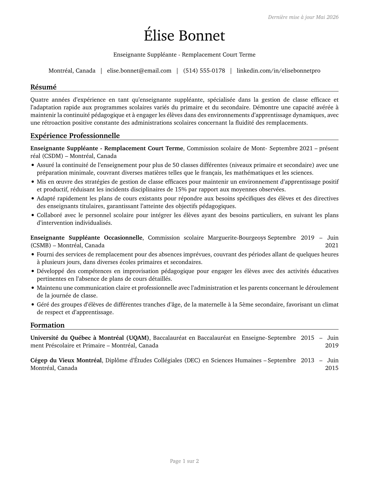 Substitute Teachers, Short-Term CV in French — page 1