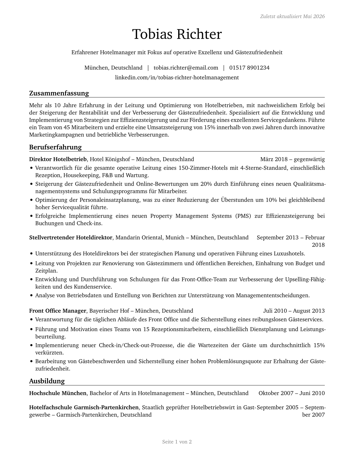 Lodging Managers CV in German — page 1