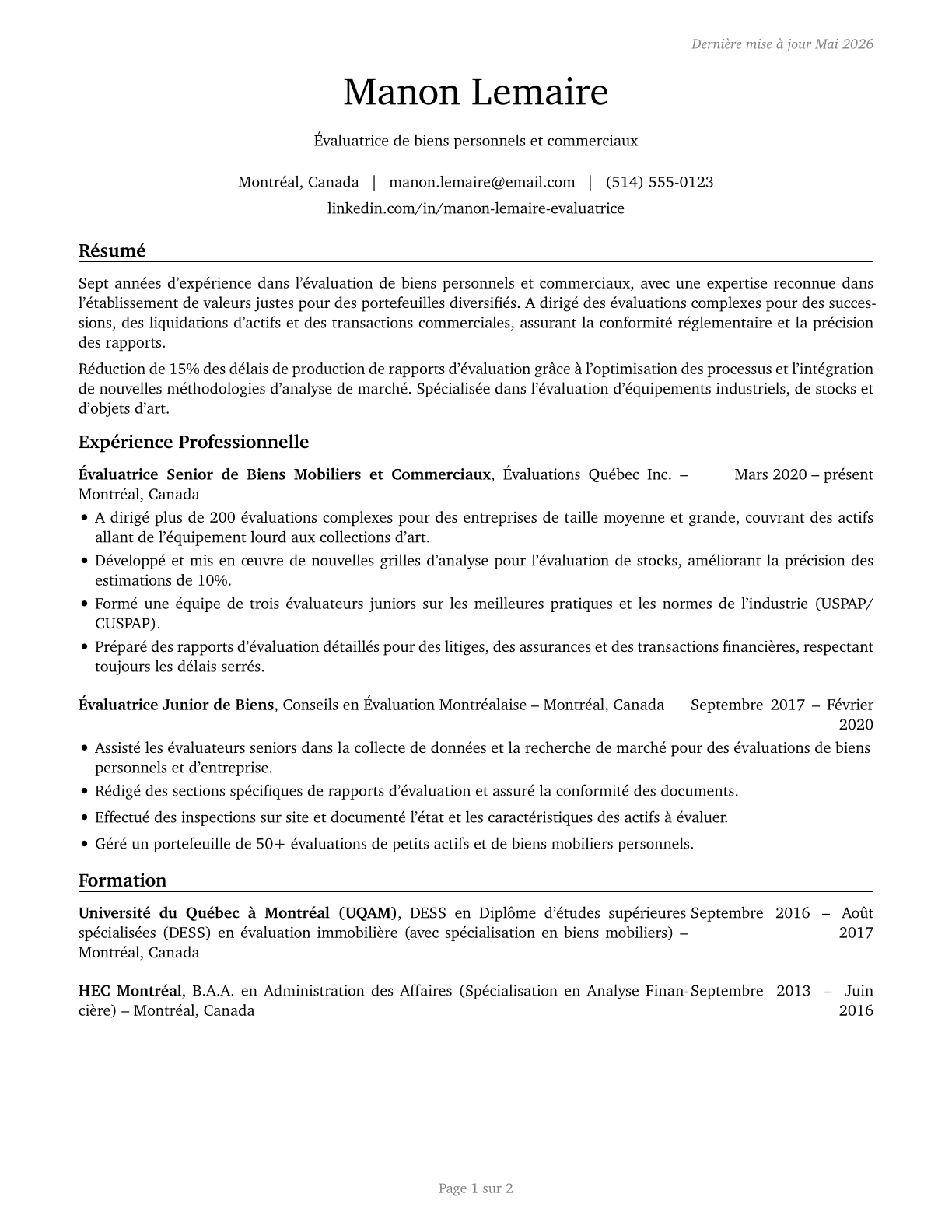 Appraisers of Personal and Business Property CV in French — page 1
