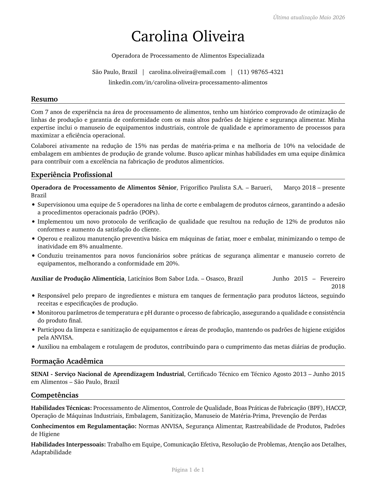 Food Processing Workers, All Other CV in Portuguese — page 1