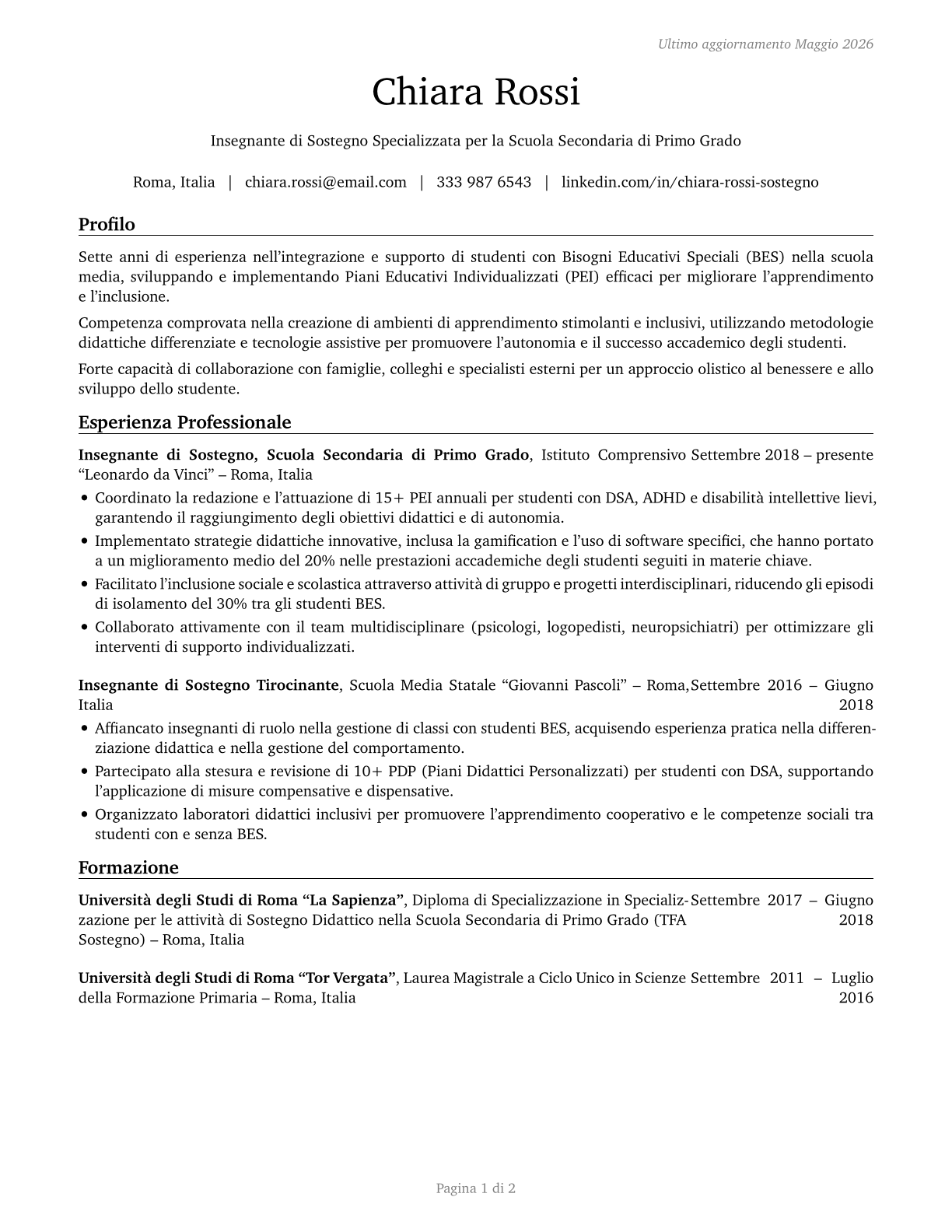 Special Education Teachers, Middle School CV in Italian — page 1