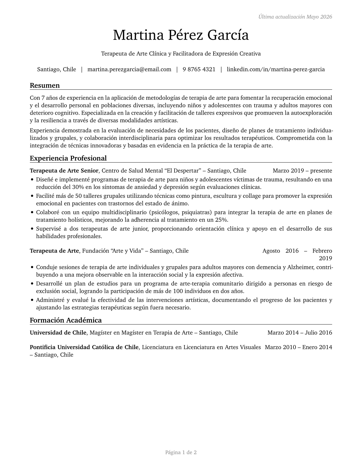 Art Therapists CV in Spanish — page 1