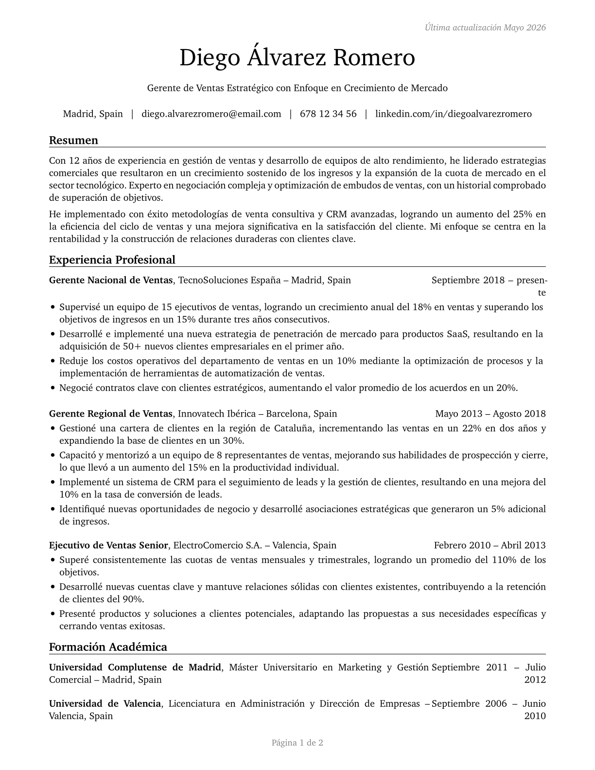 Sales Managers CV in Spanish — page 1
