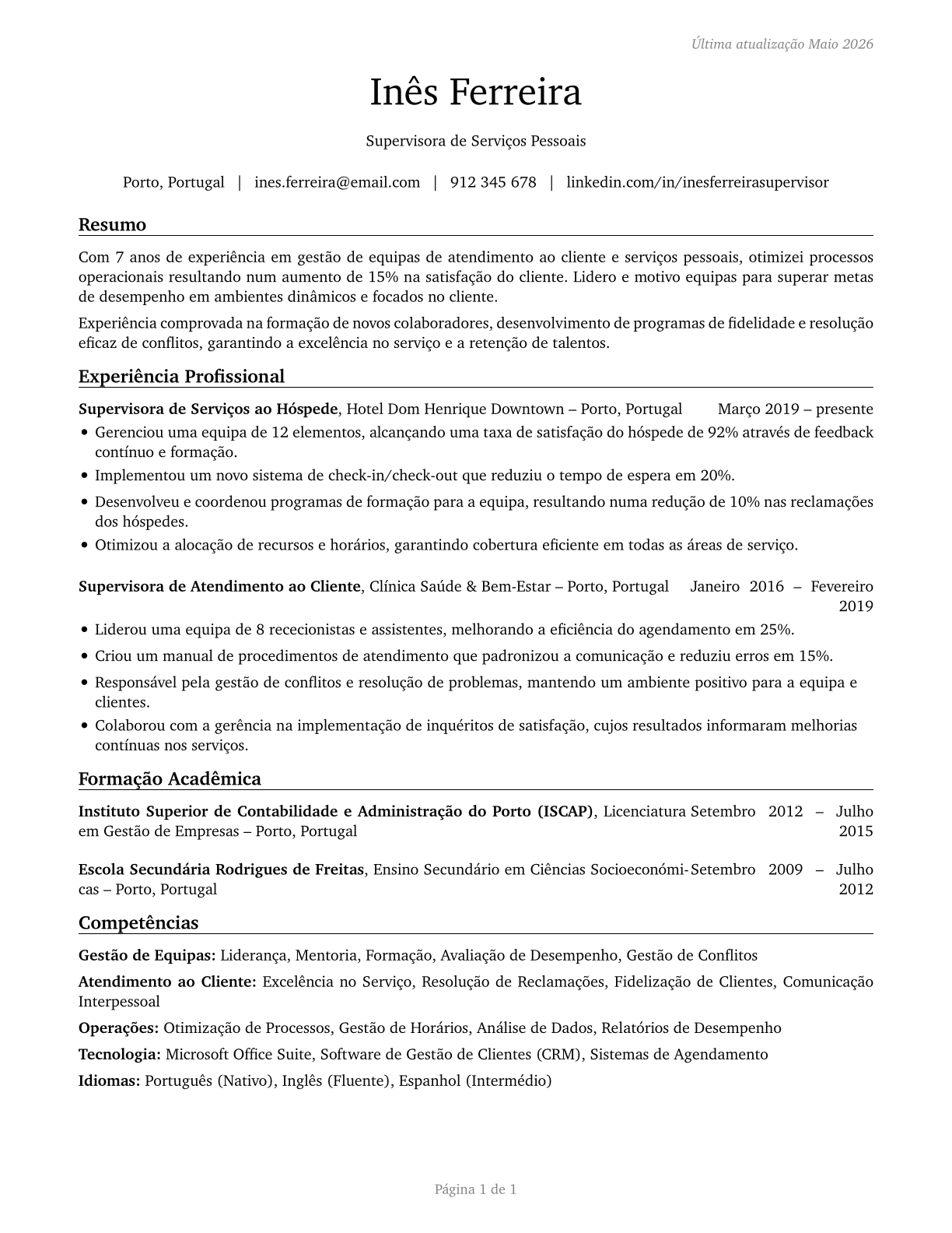 First-Line Supervisors of Personal Service Workers CV in Portuguese — page 1
