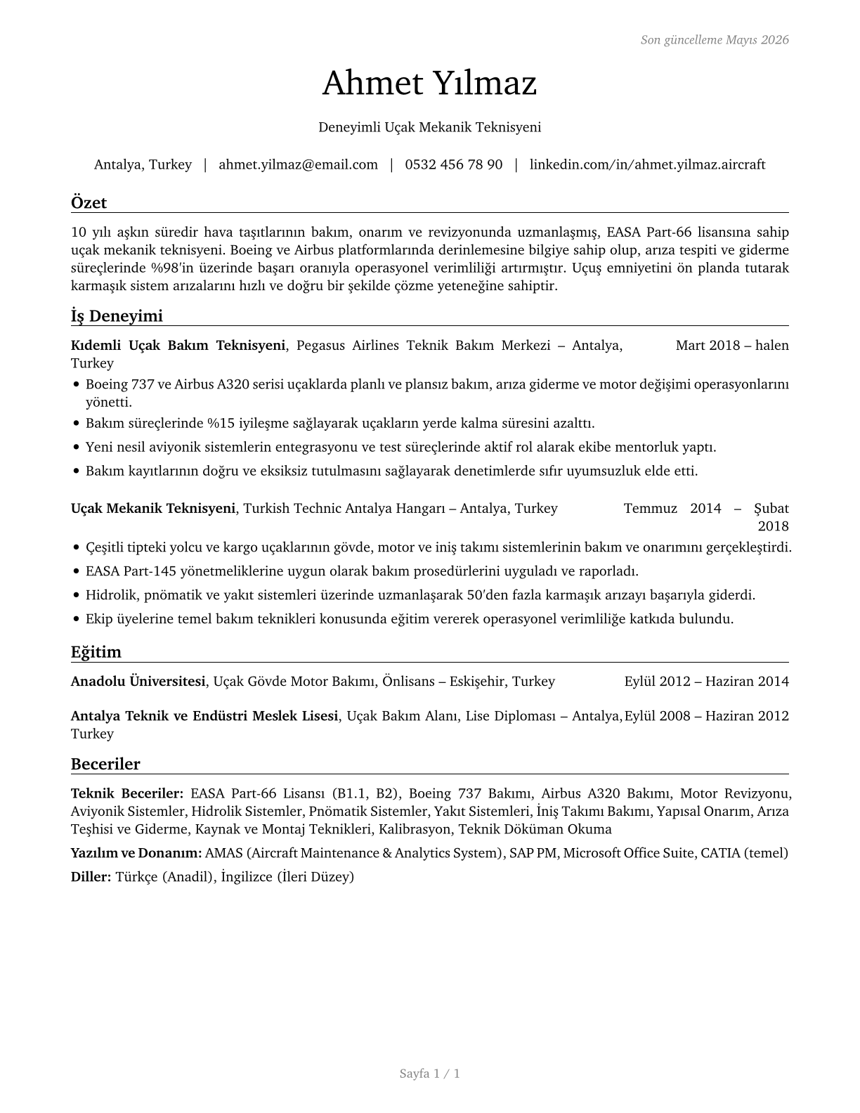 Aircraft Mechanics and Service Technicians CV in Turkish — page 1
