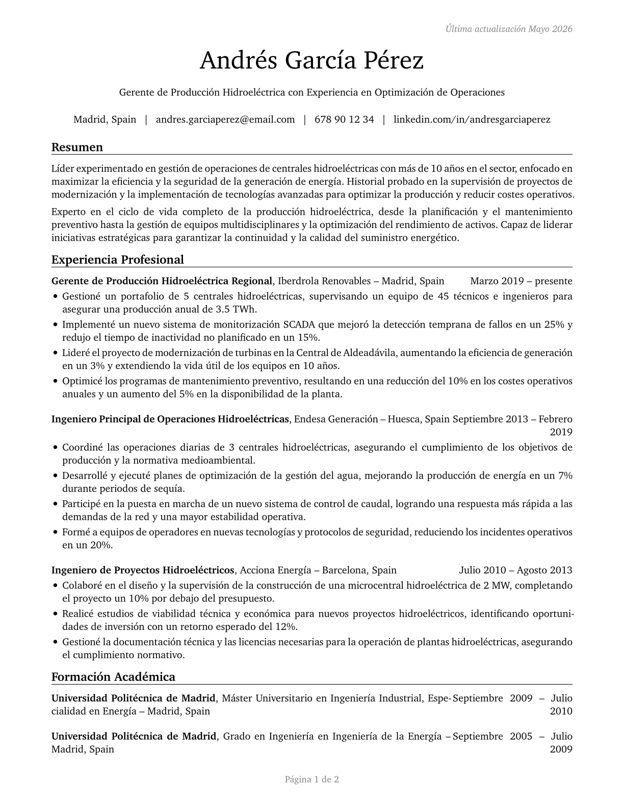 Hydroelectric Production Managers CV in Spanish — page 1