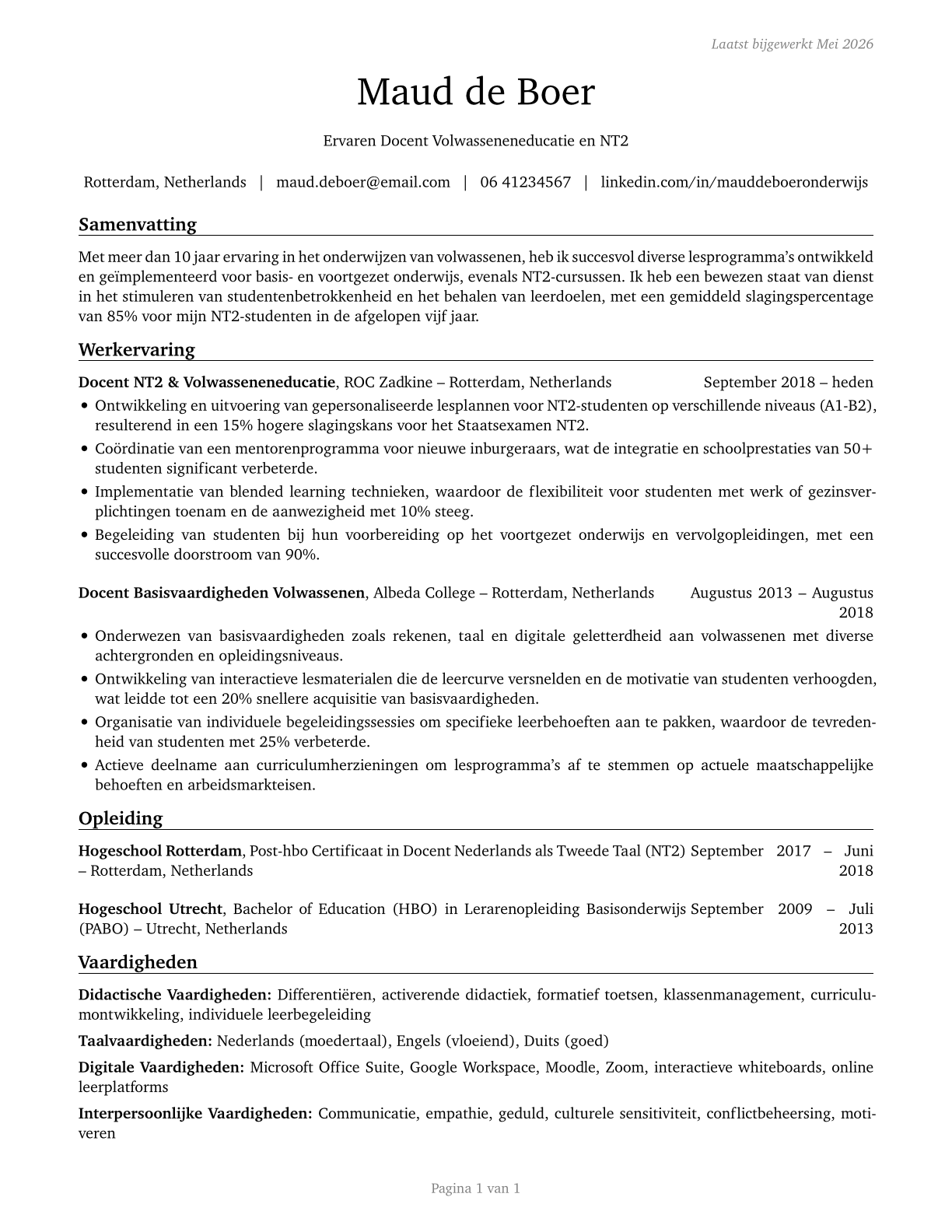 Adult Basic Education, Adult Secondary Education, and English as a Second Language Instructors CV in Dutch — page 1