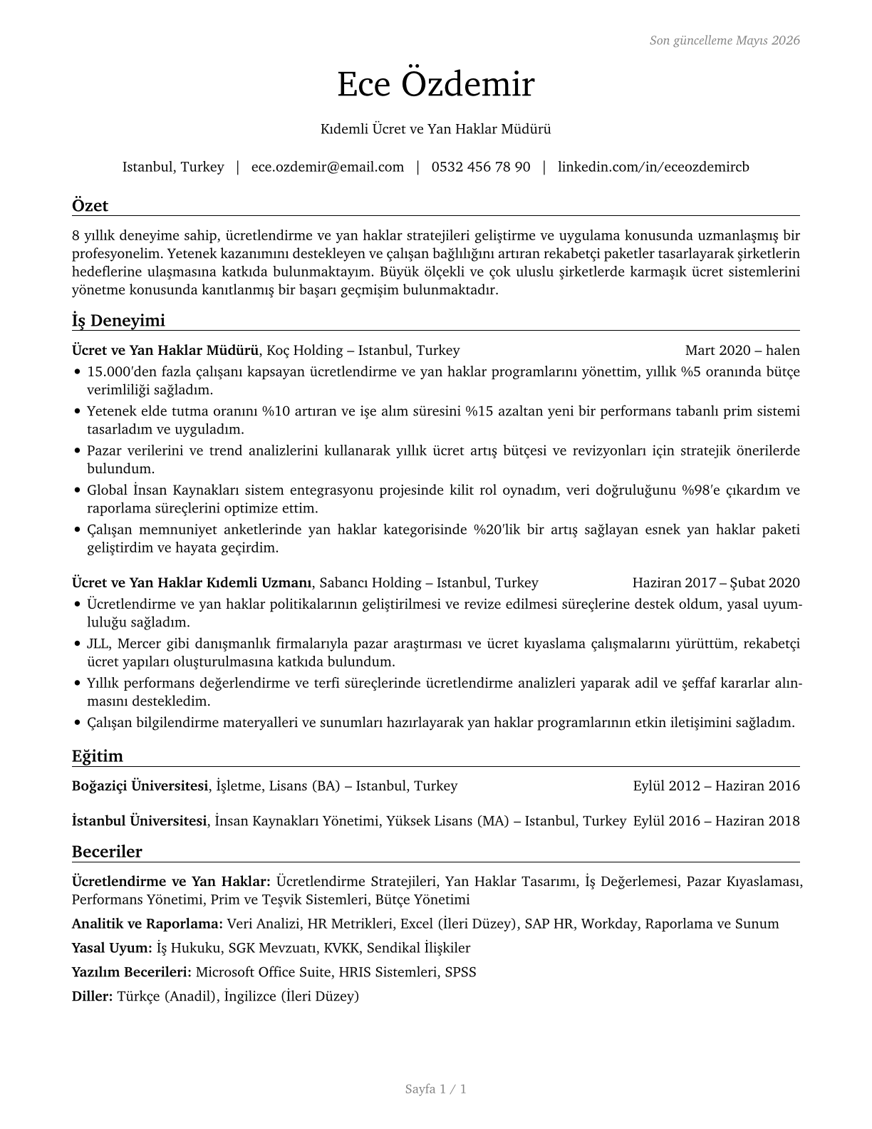 Compensation and Benefits Managers CV in Turkish — page 1