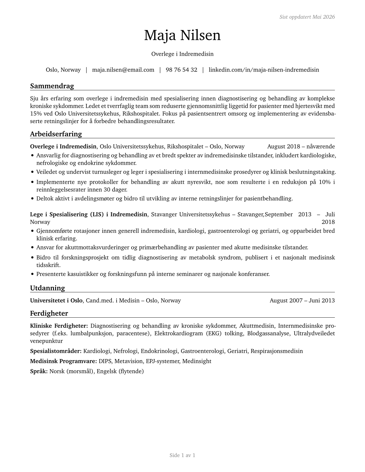 General Internal Medicine Physicians CV in Norwegian_bokmal — page 1