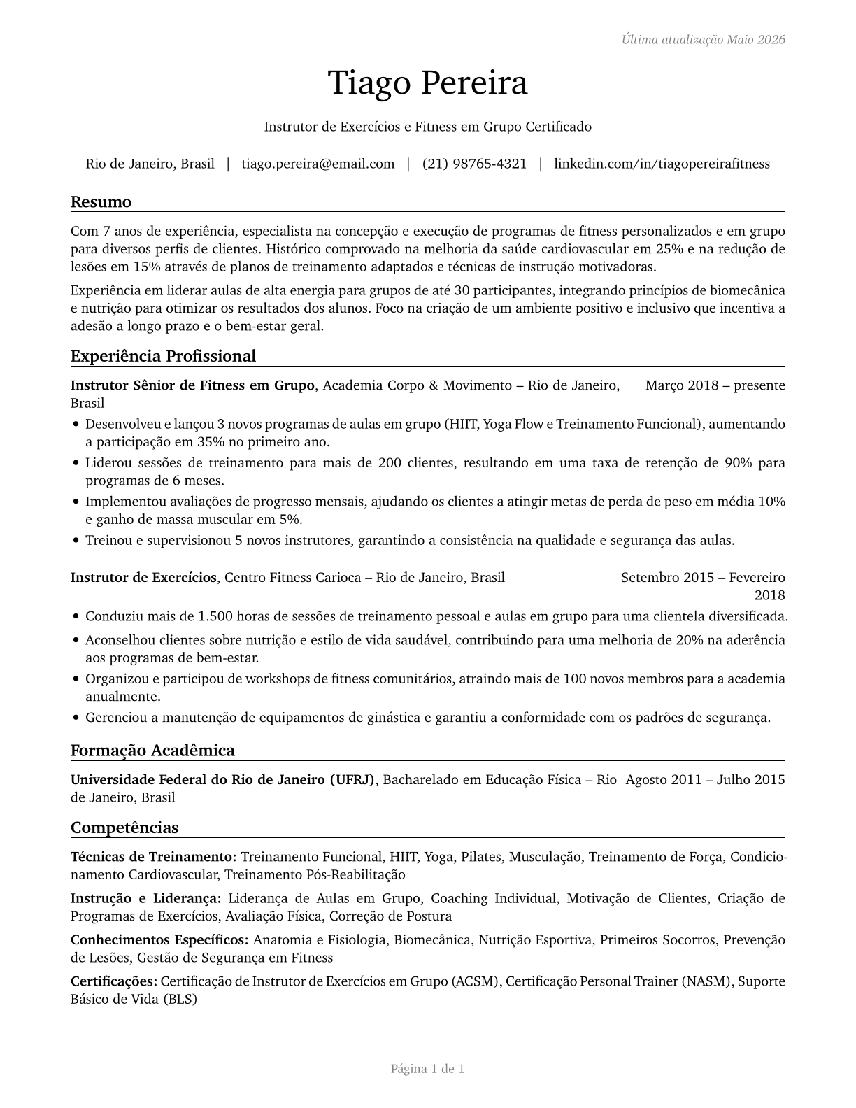 Exercise Trainers and Group Fitness Instructors CV in Portuguese — page 1