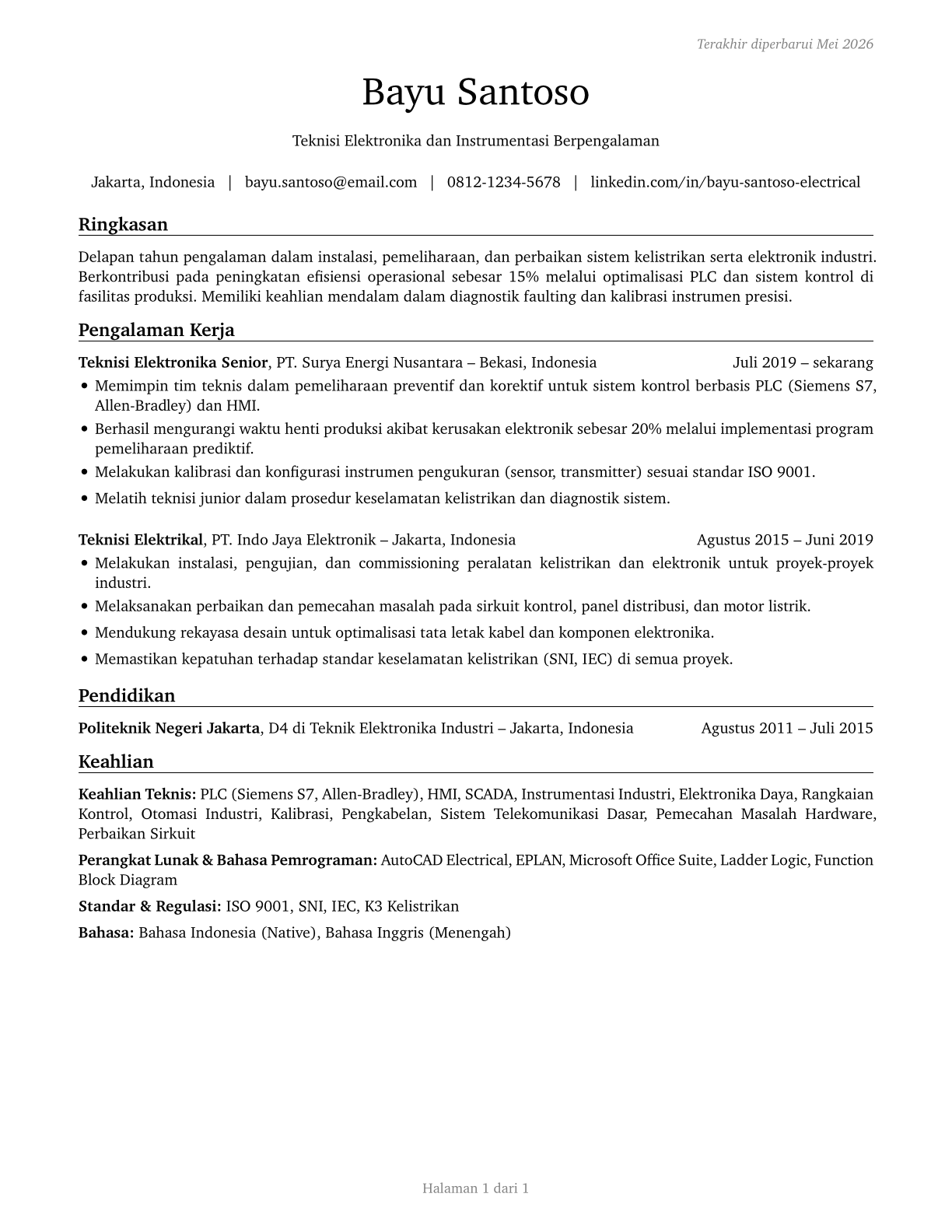Electrical and Electronic Engineering Technologists and Technicians CV in Indonesian — page 1