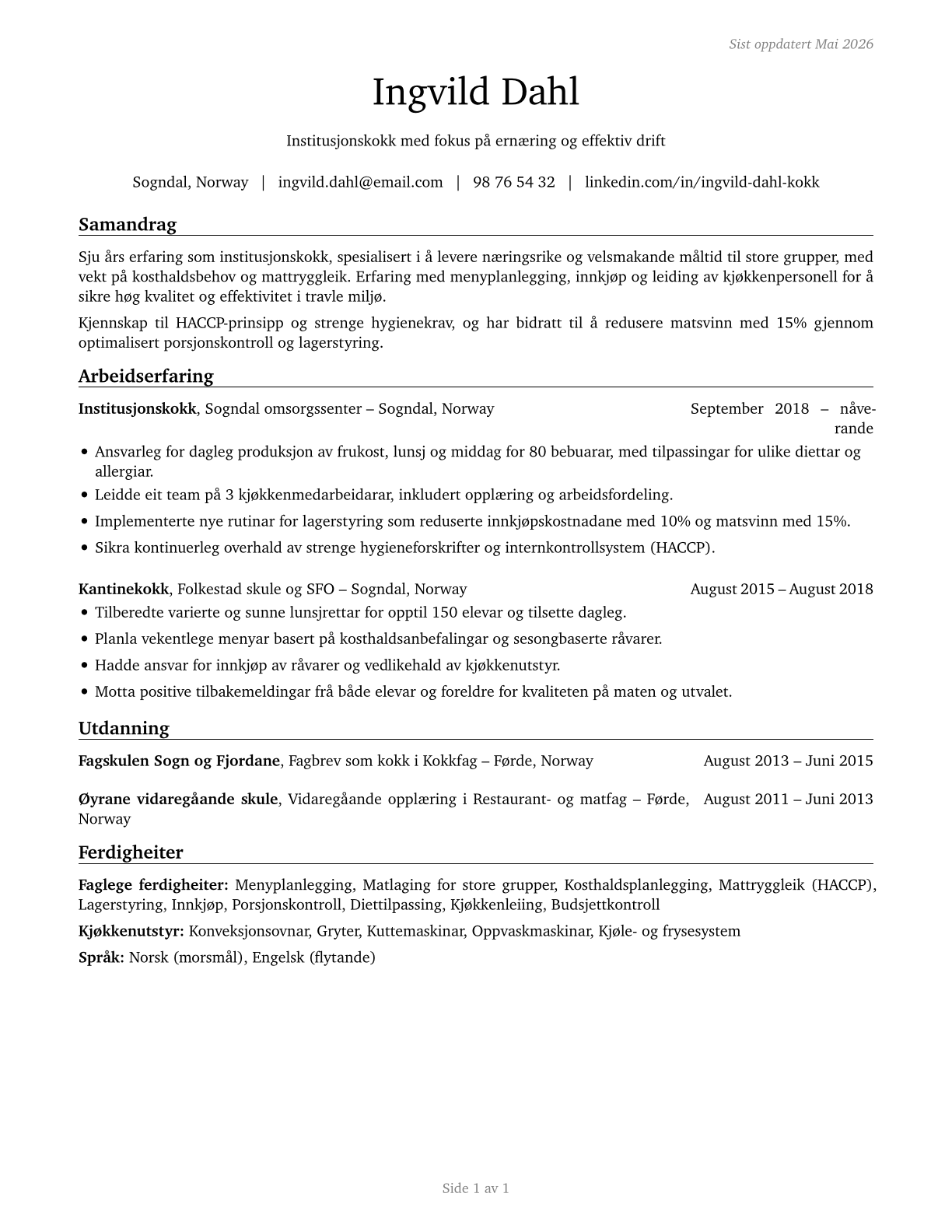 Cooks, Institution and Cafeteria CV in Norwegian_nynorsk — page 1