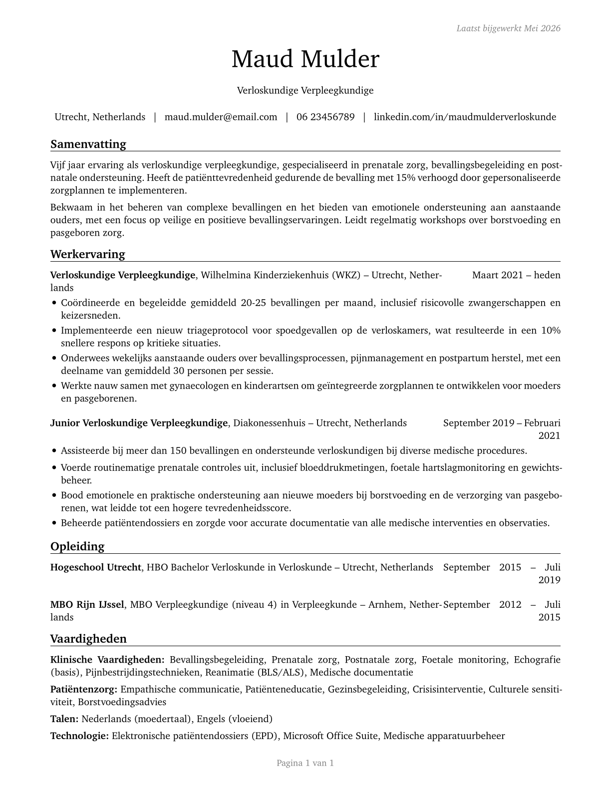 Nurse Midwives CV in Dutch — page 1