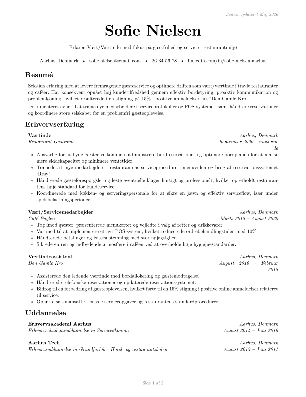Hosts and Hostesses, Restaurant, Lounge, and Coffee Shop CV in Danish — page 1