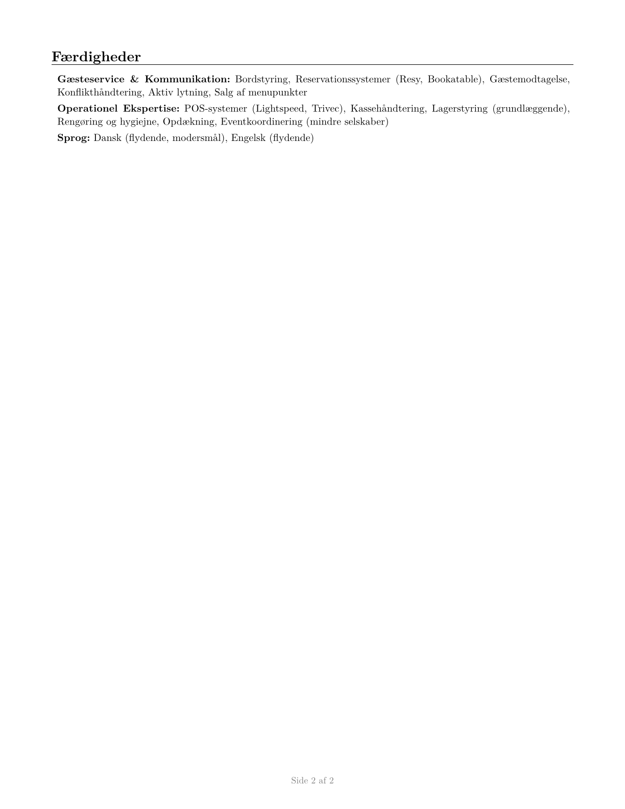 Hosts and Hostesses, Restaurant, Lounge, and Coffee Shop CV in Danish — page 2