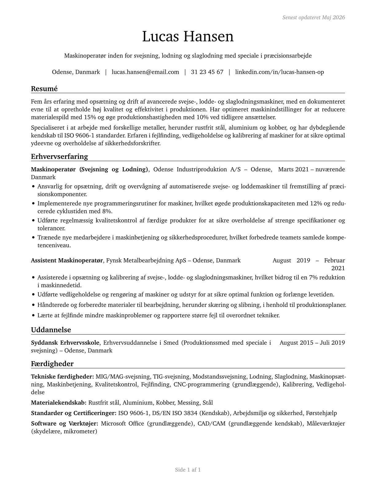 Welding, Soldering, and Brazing Machine Setters, Operators, and Tenders CV in Danish — page 1
