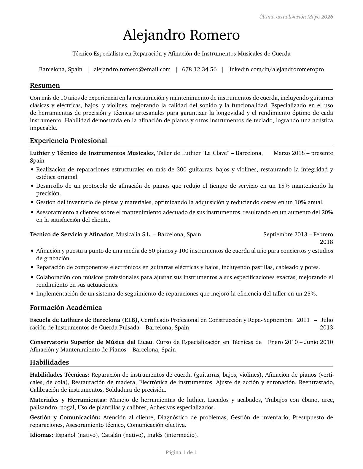 Musical Instrument Repairers and Tuners CV in Spanish — page 1