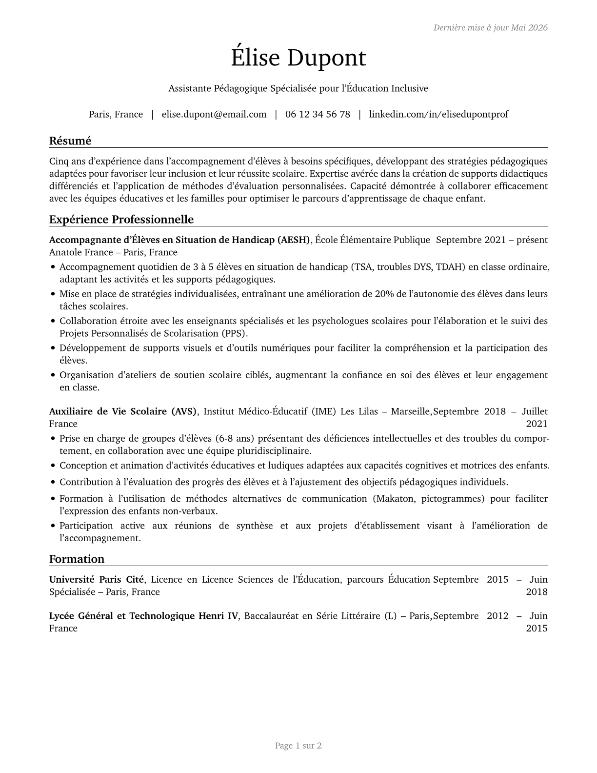Teaching Assistants, Special Education CV in French — page 1