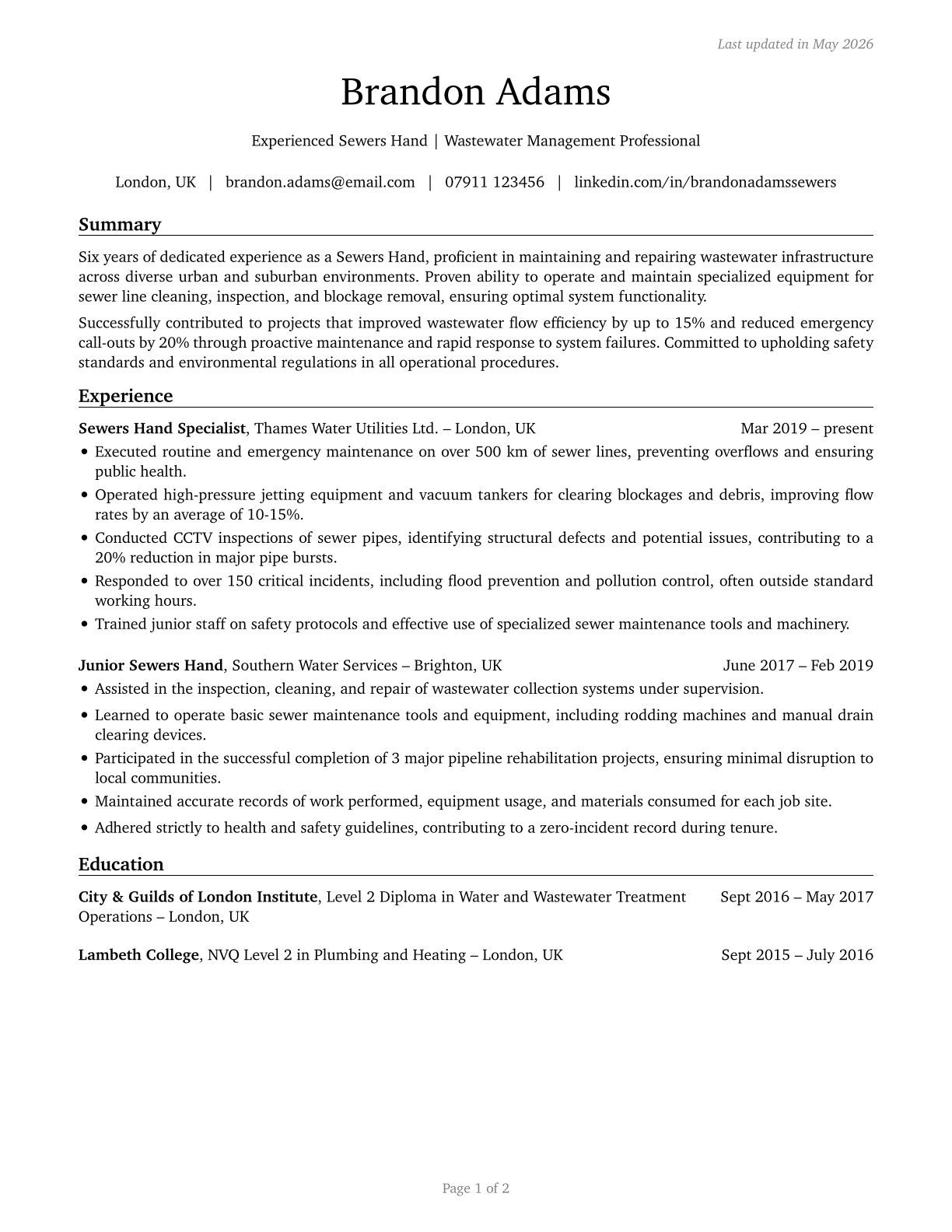 Sewers, Hand CV in English — page 1