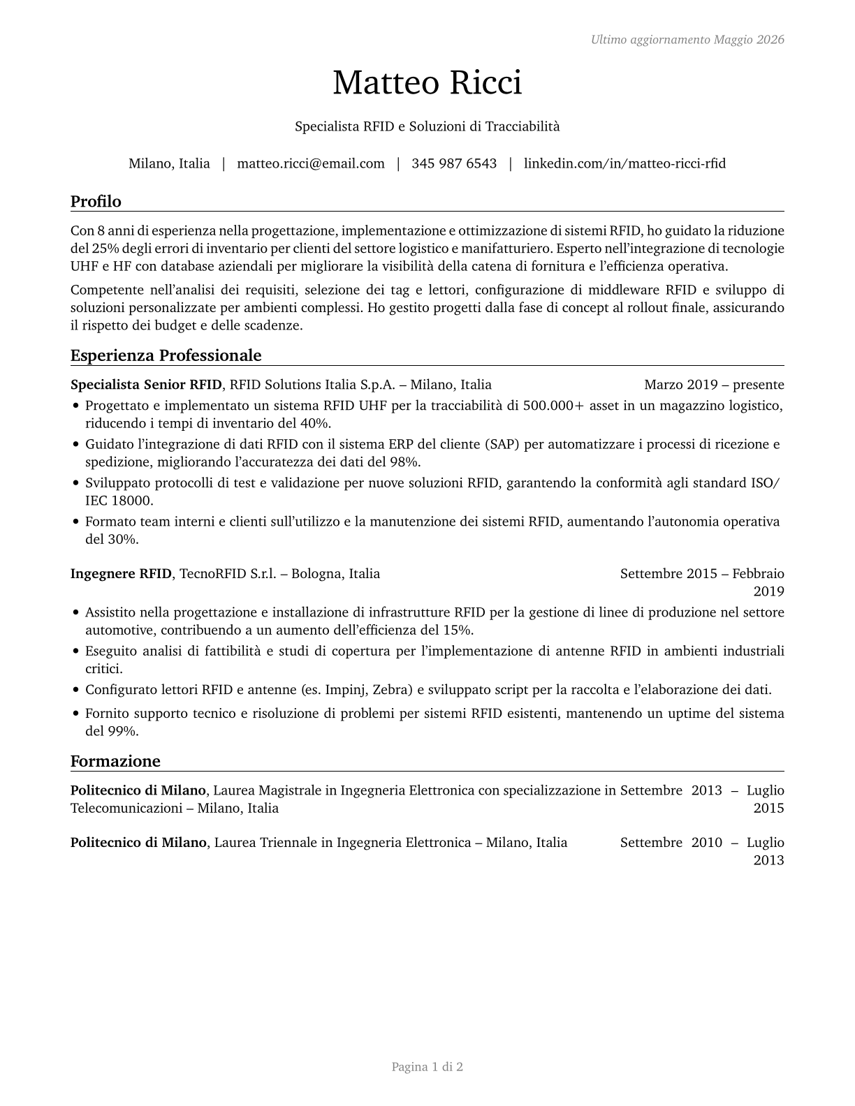 Radio Frequency Identification Device Specialists CV in Italian — page 1