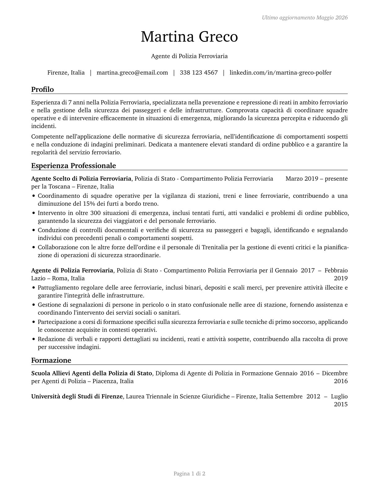 Transit and Railroad Police CV in Italian — page 1