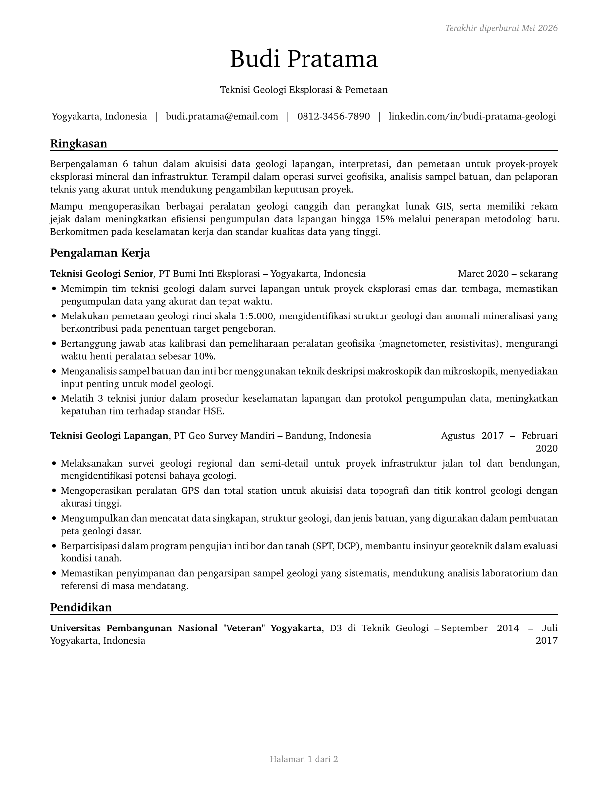 Geological Technicians, Except Hydrologic Technicians CV in Indonesian — page 1