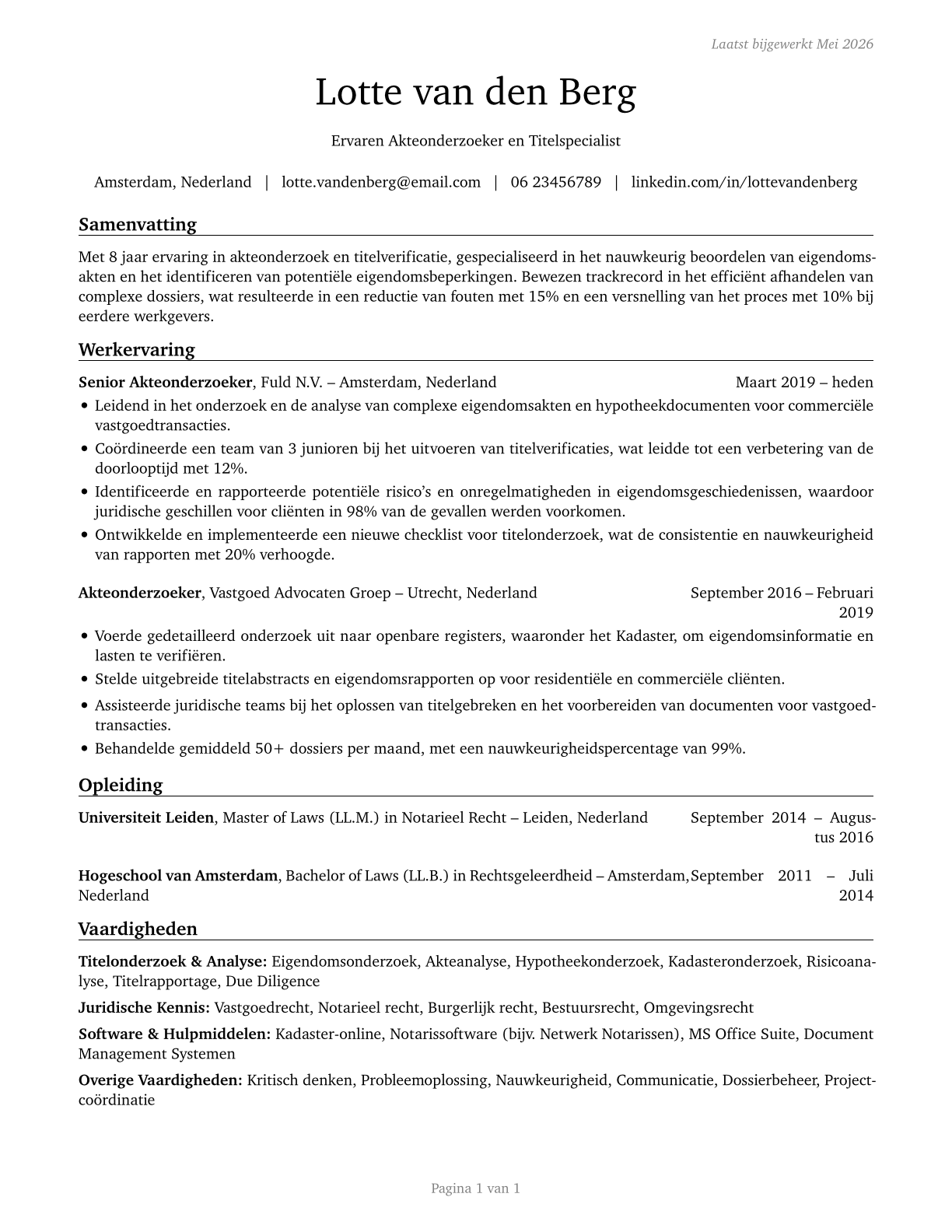 Title Examiners, Abstractors, and Searchers CV in Dutch — page 1