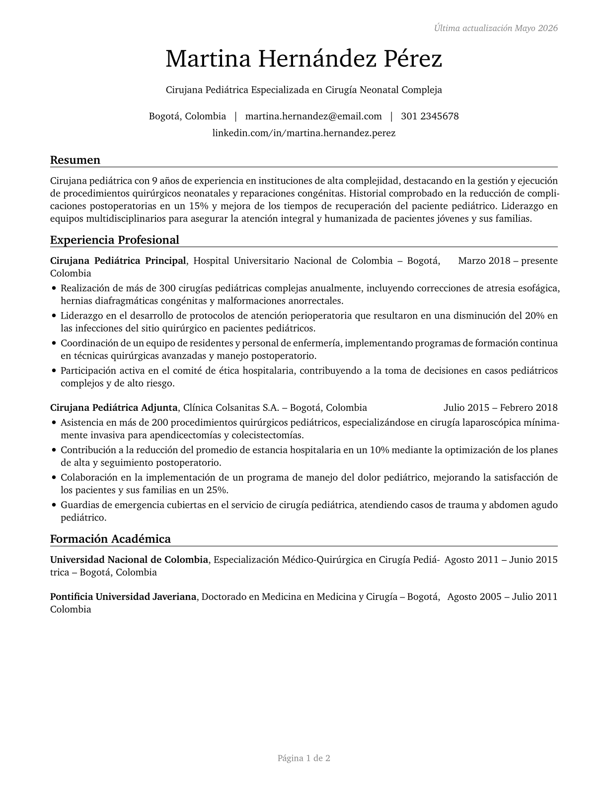 Pediatric Surgeons CV in Spanish — page 1