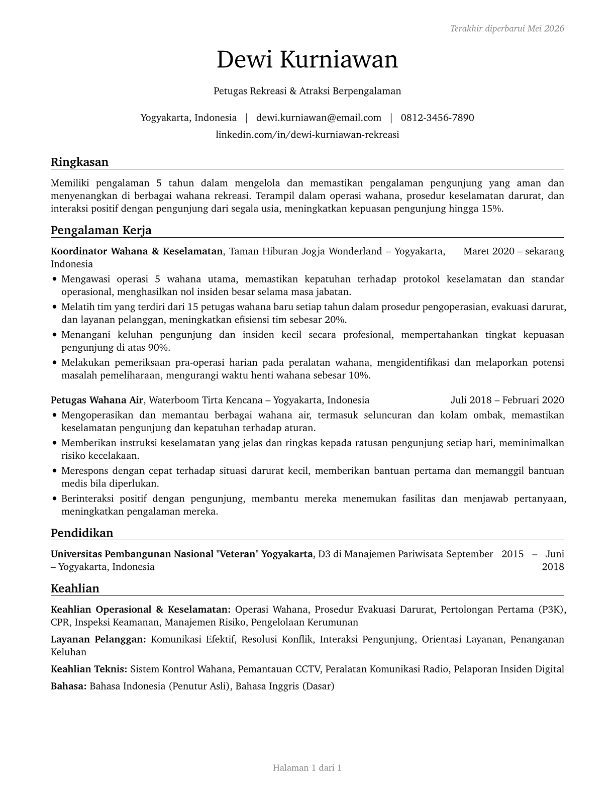 Amusement and Recreation Attendants CV in Indonesian — page 1