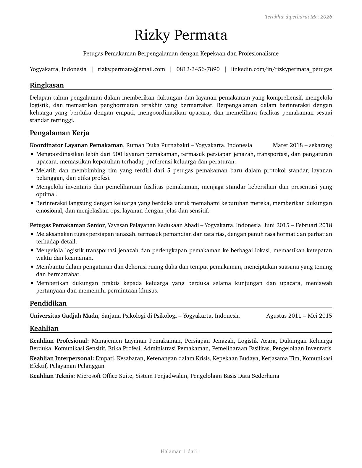 Funeral Attendants CV in Indonesian — page 1