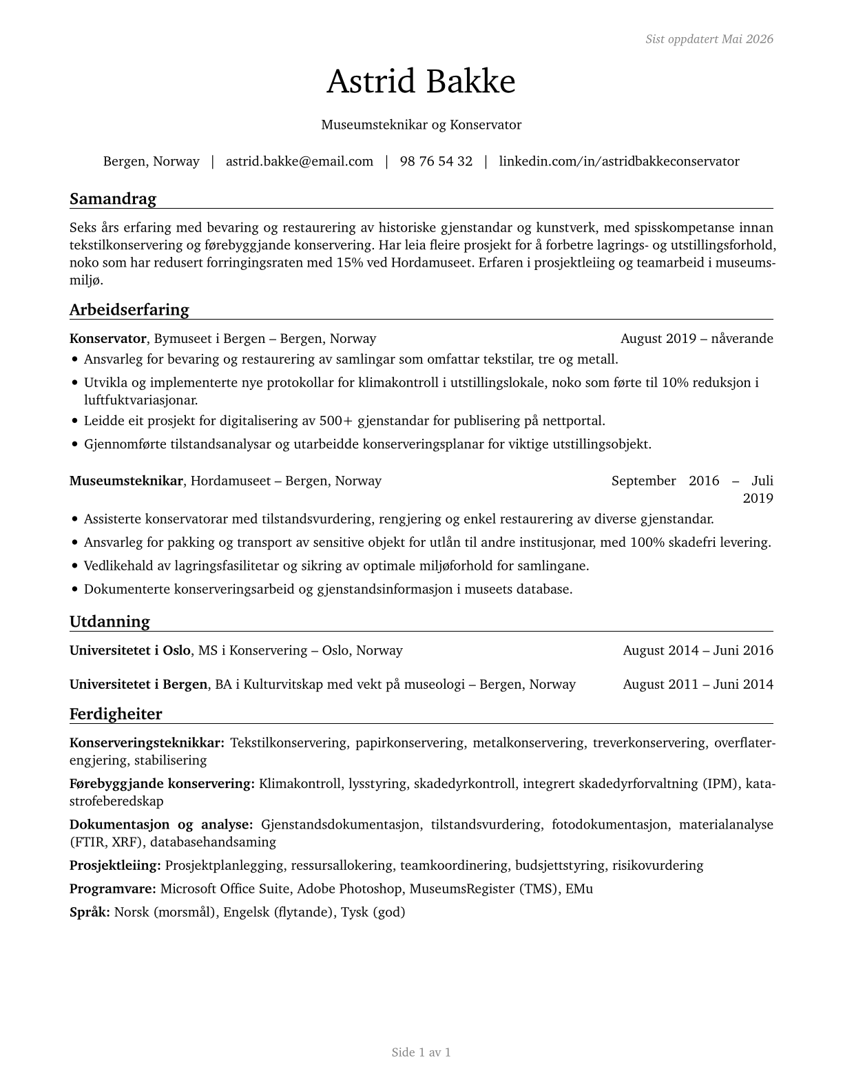 Museum Technicians and Conservators CV in Norwegian_nynorsk — page 1