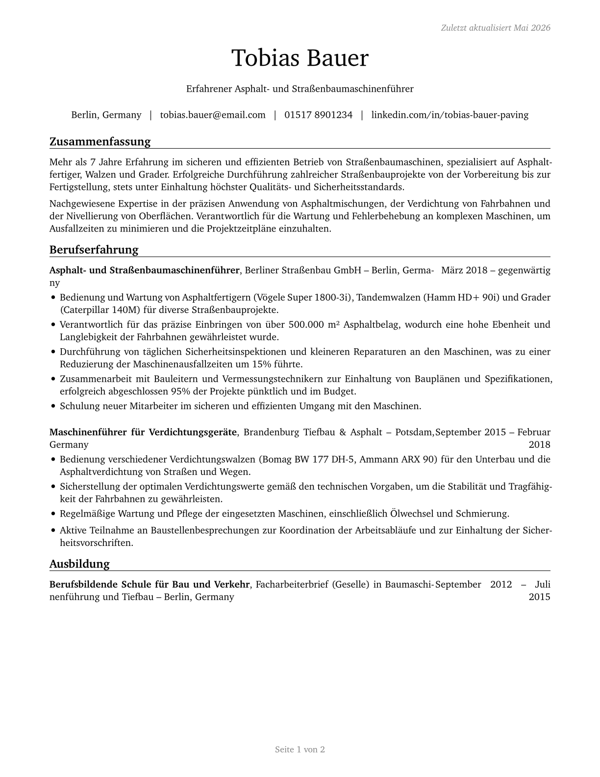 Paving, Surfacing, and Tamping Equipment Operators CV in German — page 1