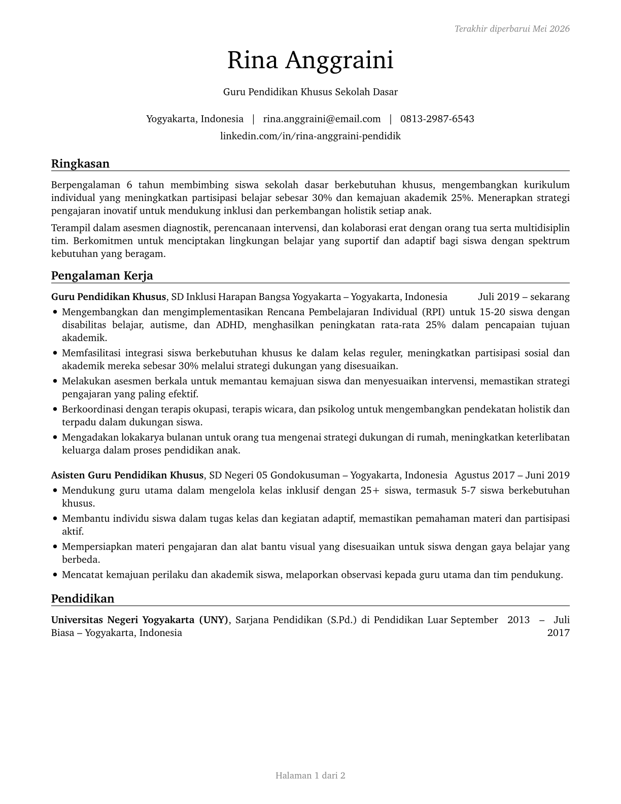 Special Education Teachers, Elementary School CV in Indonesian — page 1