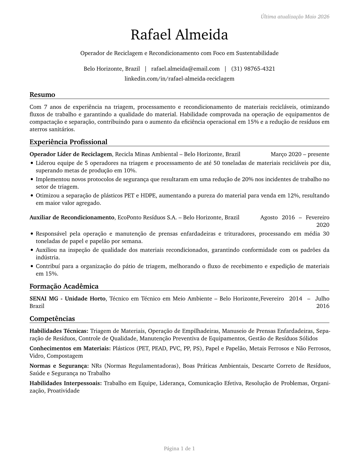 Recycling and Reclamation Workers CV in Portuguese — page 1