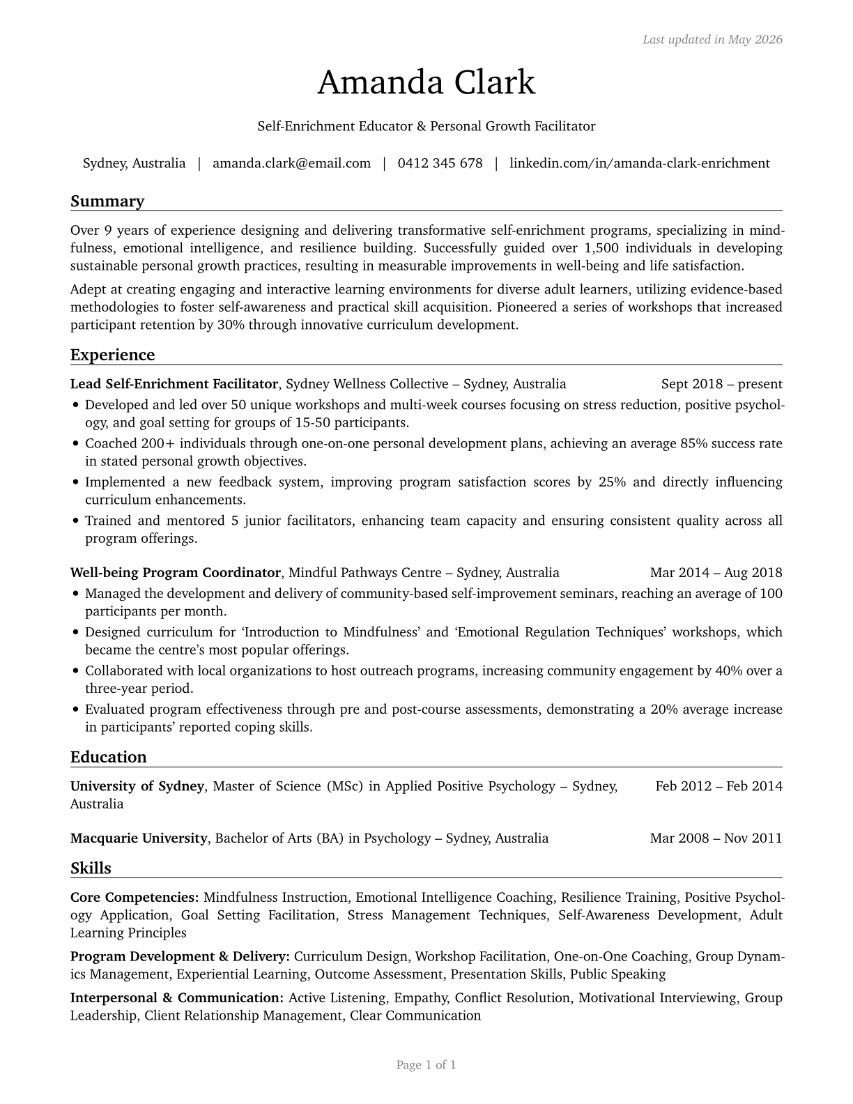 Self-Enrichment Teachers CV in English — page 1