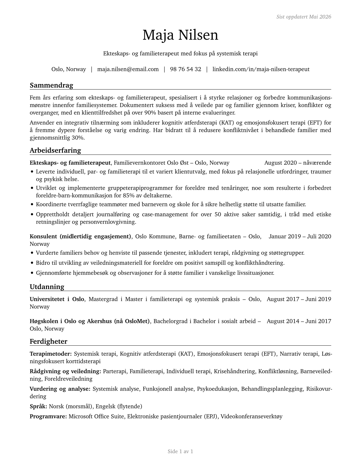 Marriage and Family Therapists CV in Norwegian_bokmal — page 1