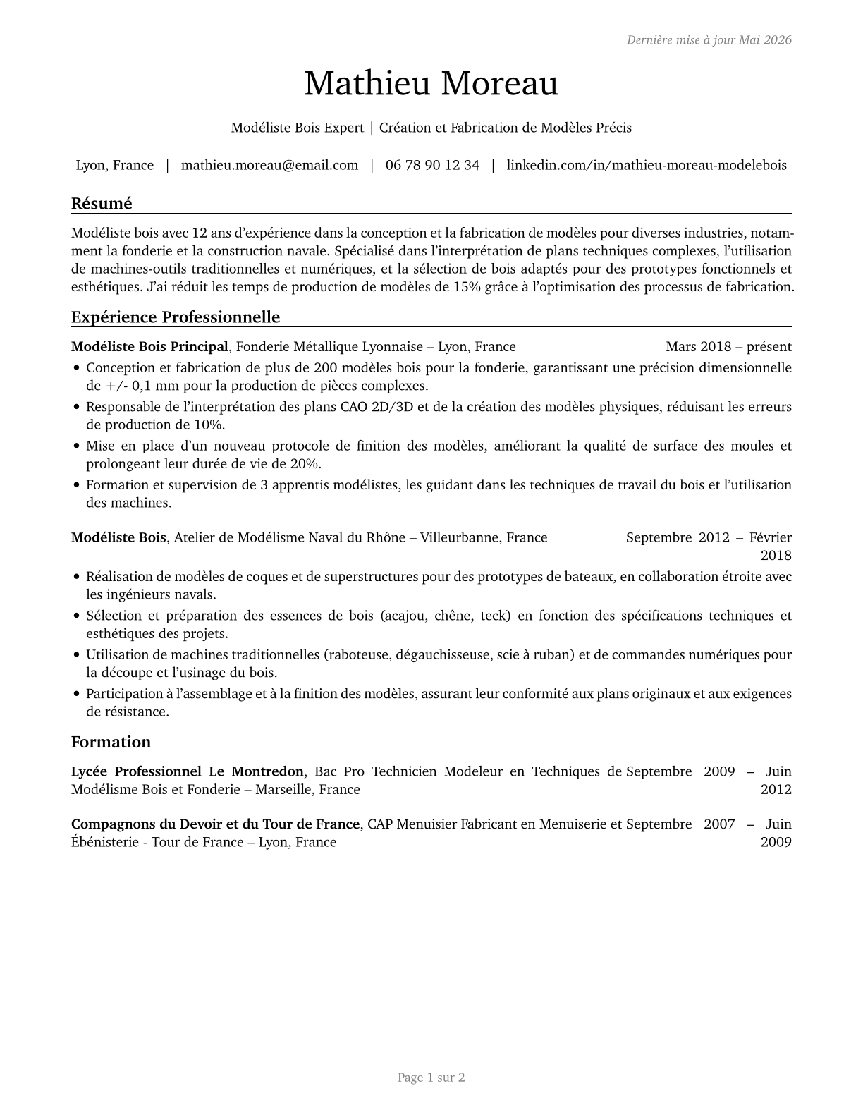 Patternmakers, Wood CV in French — page 1
