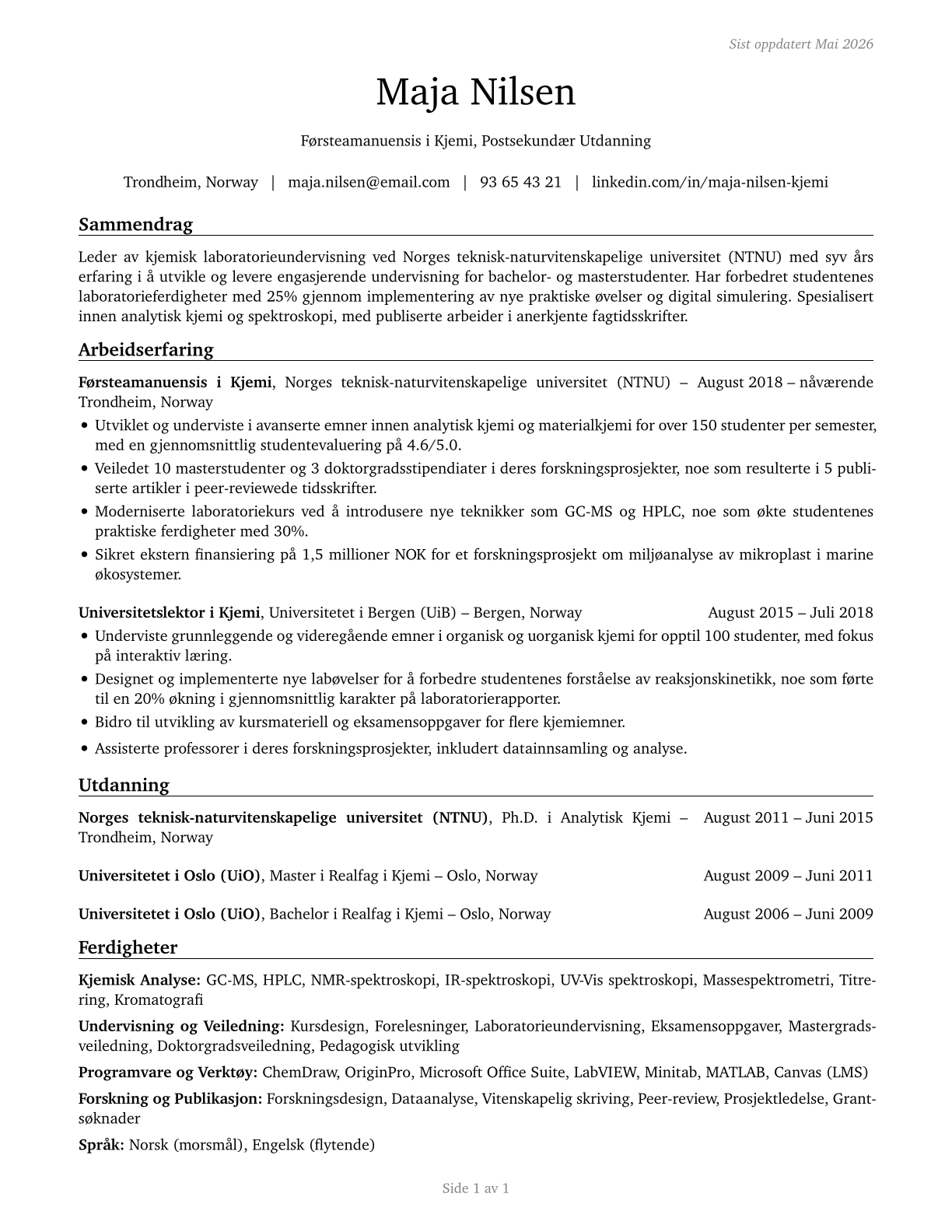 Chemistry Teachers, Postsecondary CV in Norwegian_bokmal — page 1