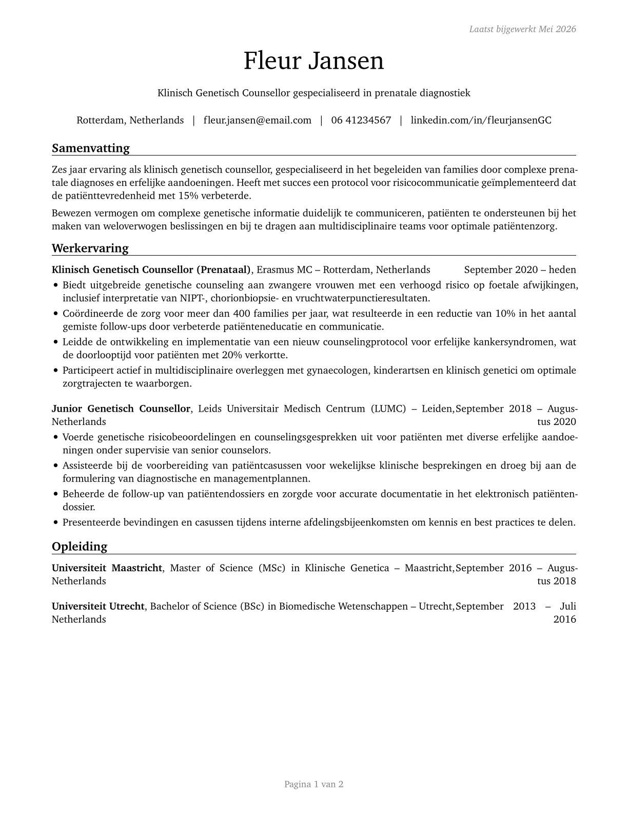 Genetic Counselors CV in Dutch — page 1