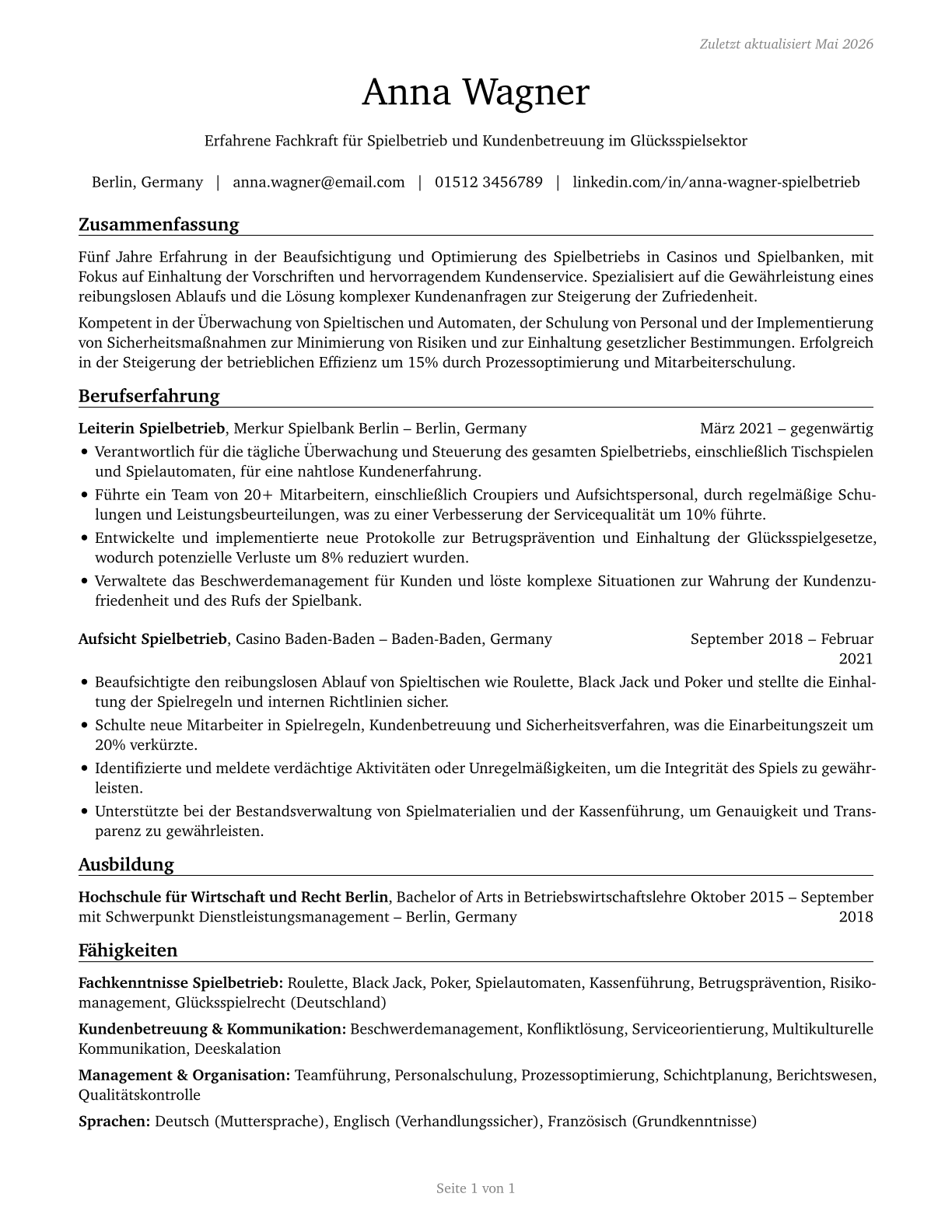Gambling Service Workers, All Other CV in German — page 1