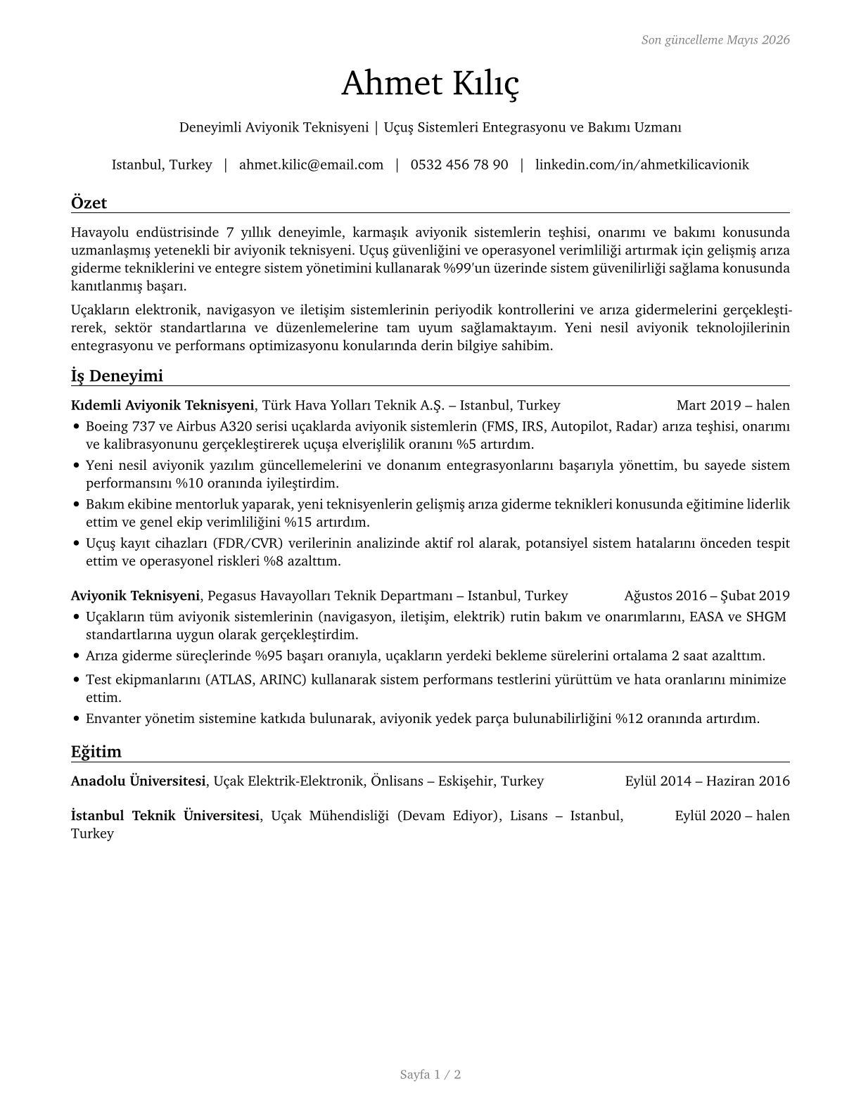 Avionics Technicians CV in Turkish — page 1