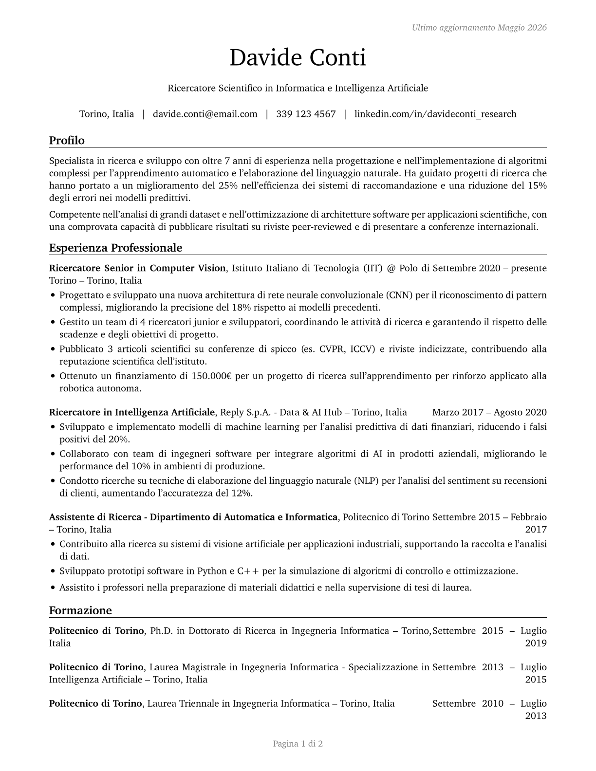 Computer and Information Research Scientists CV in Italian — page 1