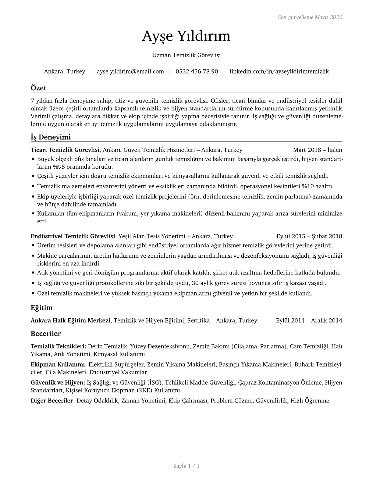 Janitors and Cleaners, Except Maids and Housekeeping Cleaners CV in Turkish — page 1